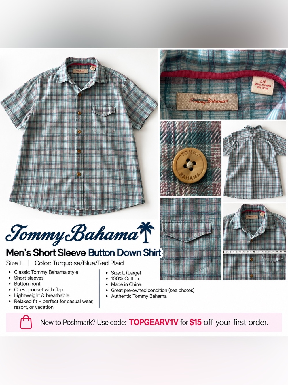 Tommy Bahama
Men's Short Sleeve Button Down Shirt
Size L | Color: Turquoise/Blu